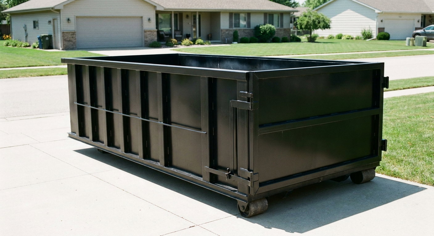 Matte-black 10-yard roll-off dumpster on a residential concrete driveway in Lake Charles, uniformly painted matte black across every panel and rail, ribbed steel sidewalls and rear swing door visible, mid-day daylight.