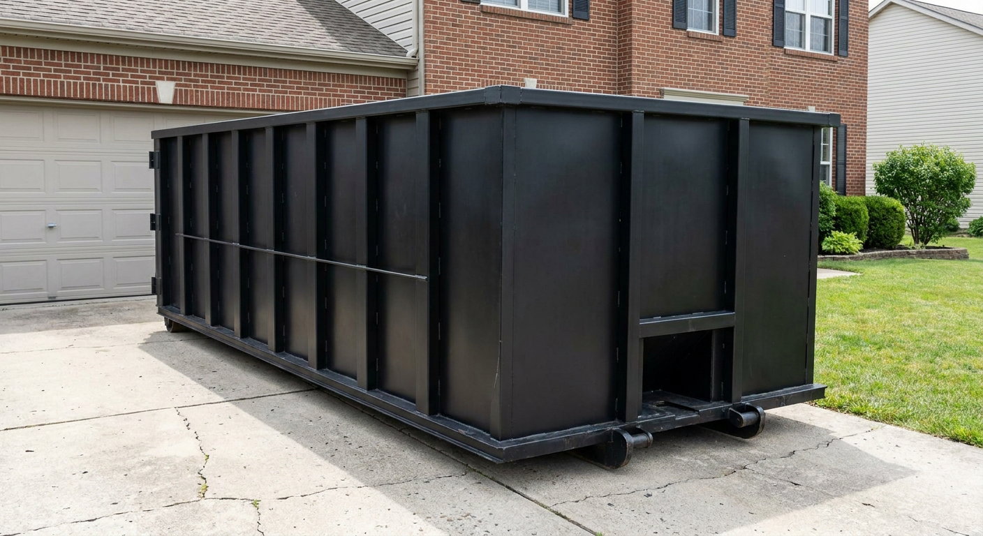 Matte-black 20-yard roll-off container on a Lake Charles residential concrete driveway with reinforced ribbed steel sidewalls and a hinged rear walk-in door, clean bright daylight.