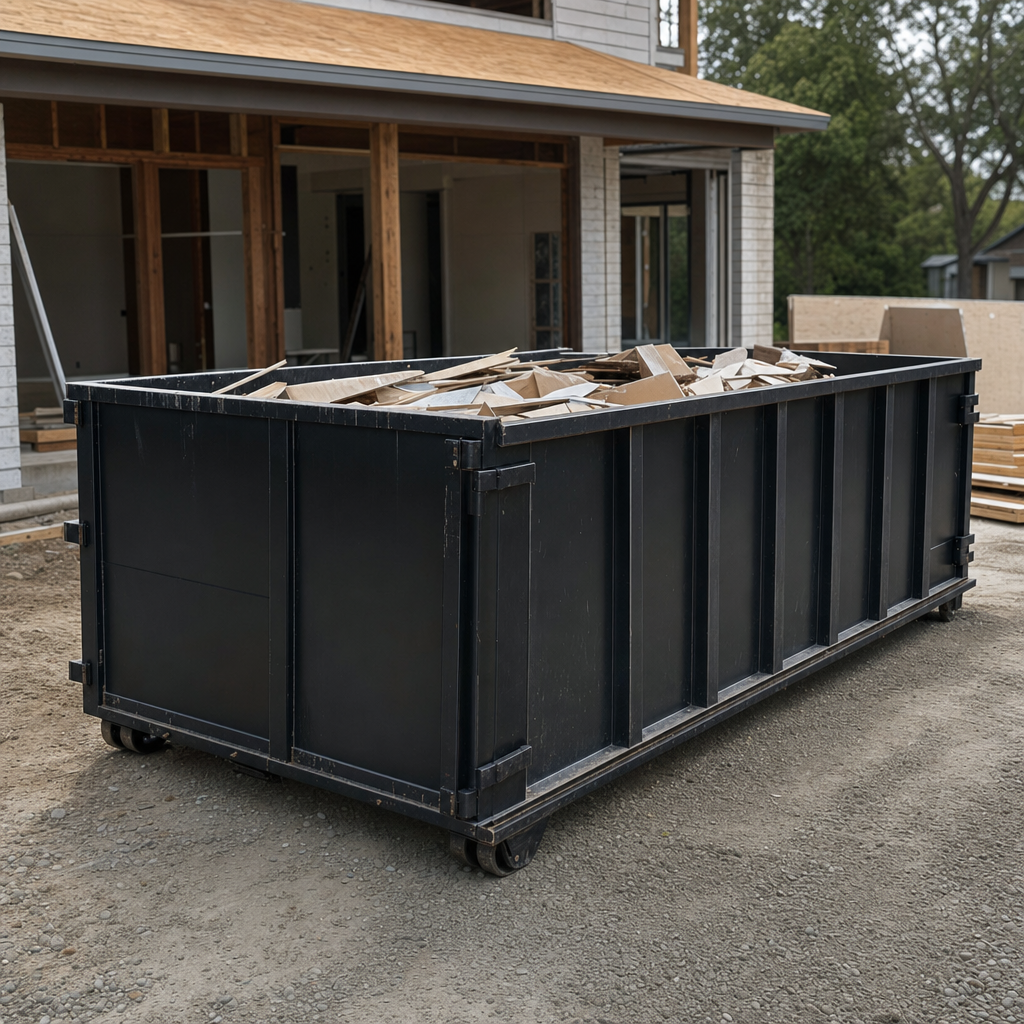 Large matte-black 30-yard construction roll-off dumpster at an active Lake Charles jobsite, steel-gray top rails and bottom rollers visible, loaded with construction debris.