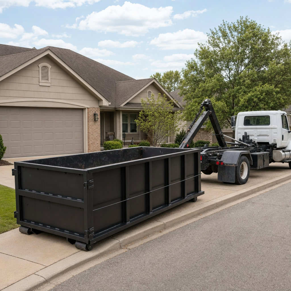 Wide documentary shot of a matte-black roll-off dumpster on a Lake Charles residential driveway in the foreground and a contractor jobsite container in the soft-focus background, bright daylight, calm and orderly composition.
