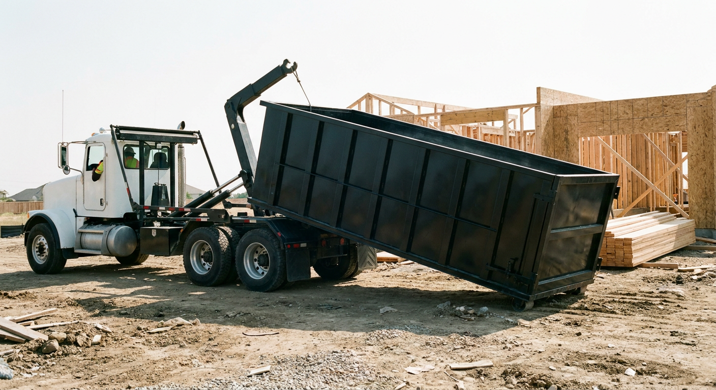 Matte-black roll-off dumpster being delivered onto a clean residential concrete driveway in Lake Charles by an unmarked white hooklift hauler truck, bright morning daylight, documentary 35mm perspective.